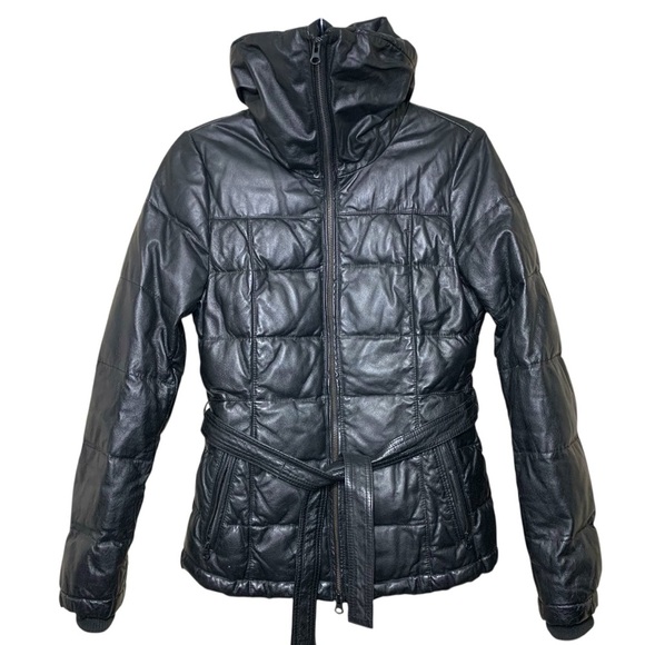 Danier Black Leather Puffer Jacket Sz XXS High Neck Bomber Quilted Winter Coat - Picture 2 of 16